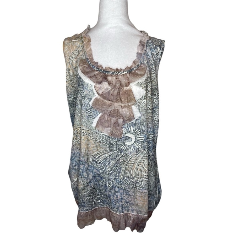New Direction Paisley Floral Ruffled Lace Sleeveless Summer Boho Top Size XLG